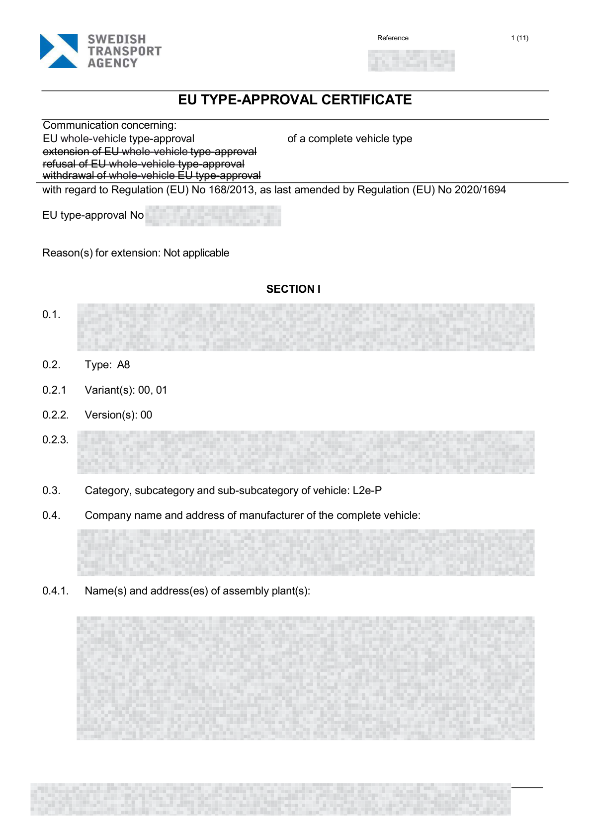 Redacted A8 EU type-approval document, page 1 of 6