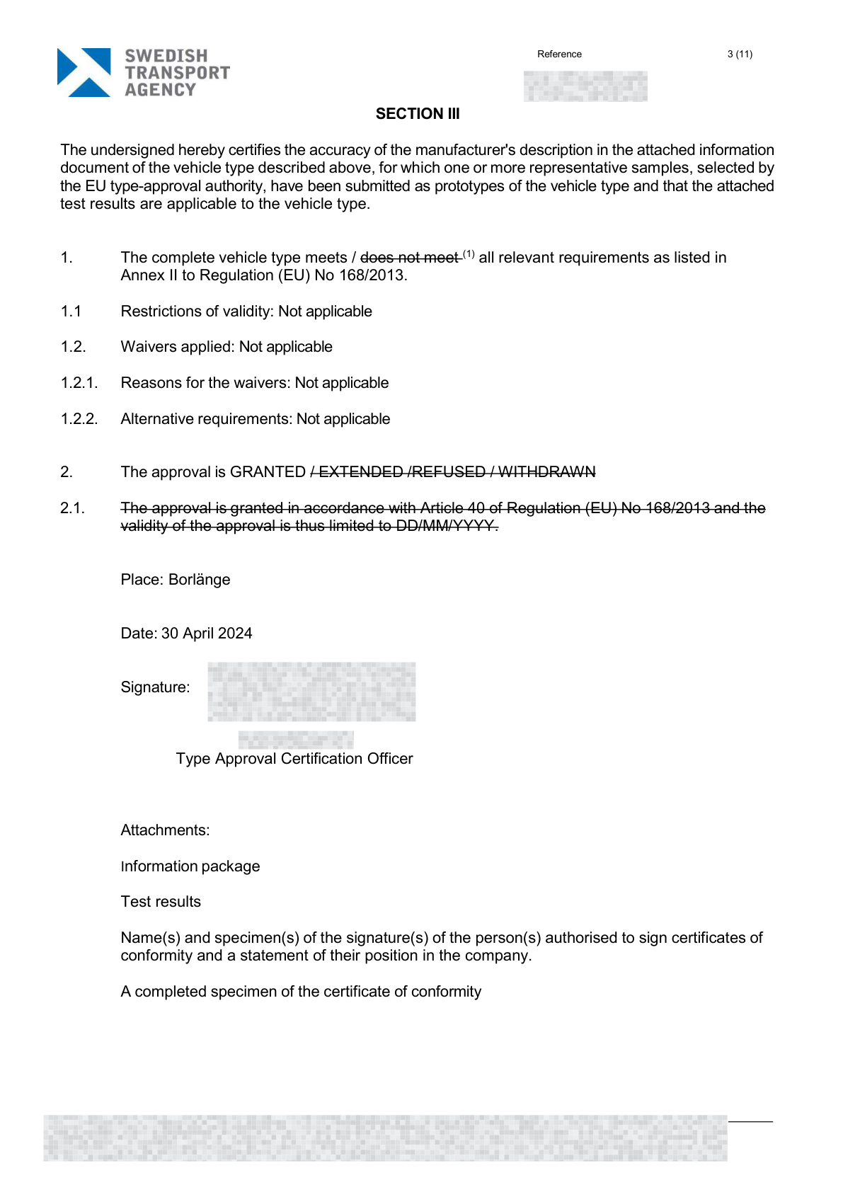 Redacted A8 EU type-approval document, page 3 of 6