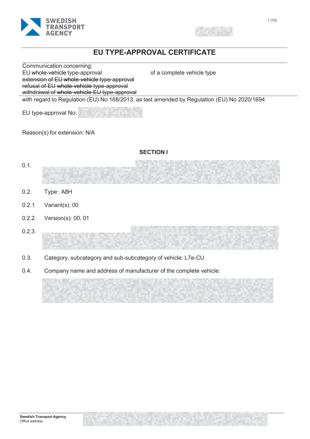 Redacted A8H EU type-approval document, page 1 of 5