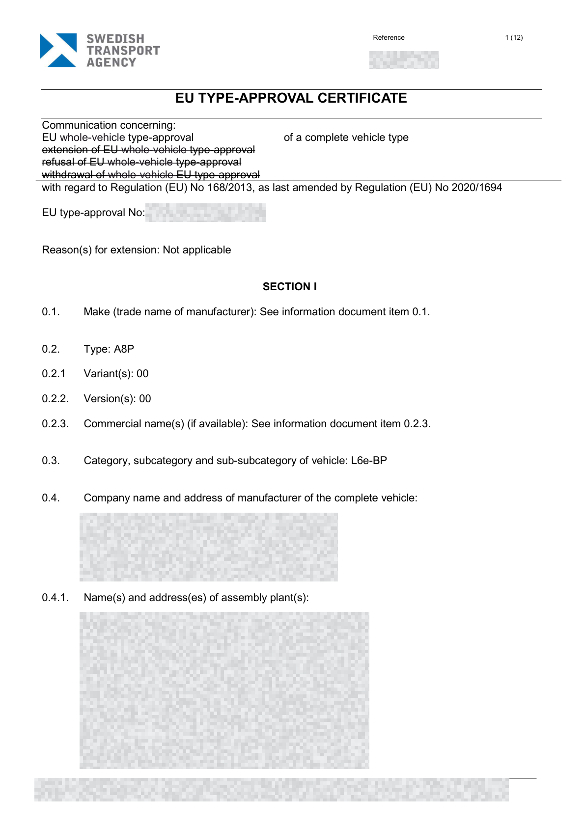Redacted A8P EU type-approval document, page 1 of 8