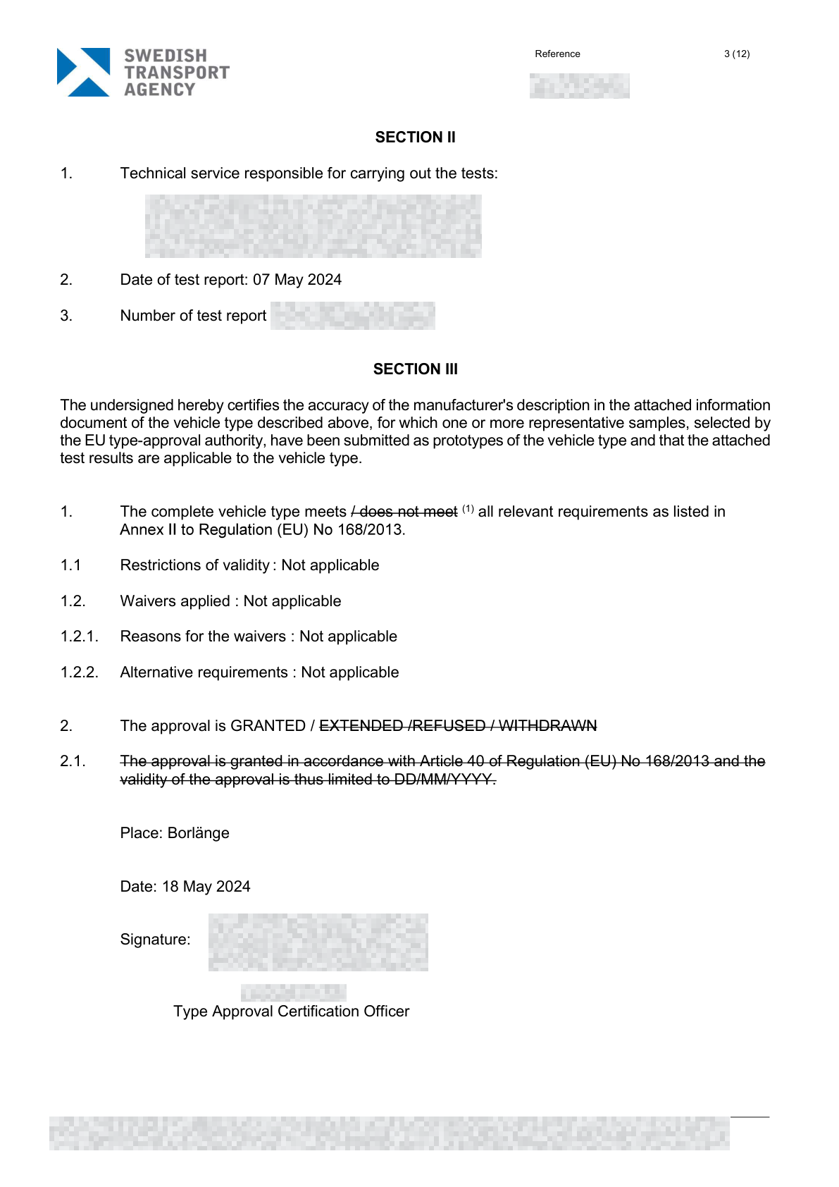 Redacted A8P EU type-approval document, page 3 of 8