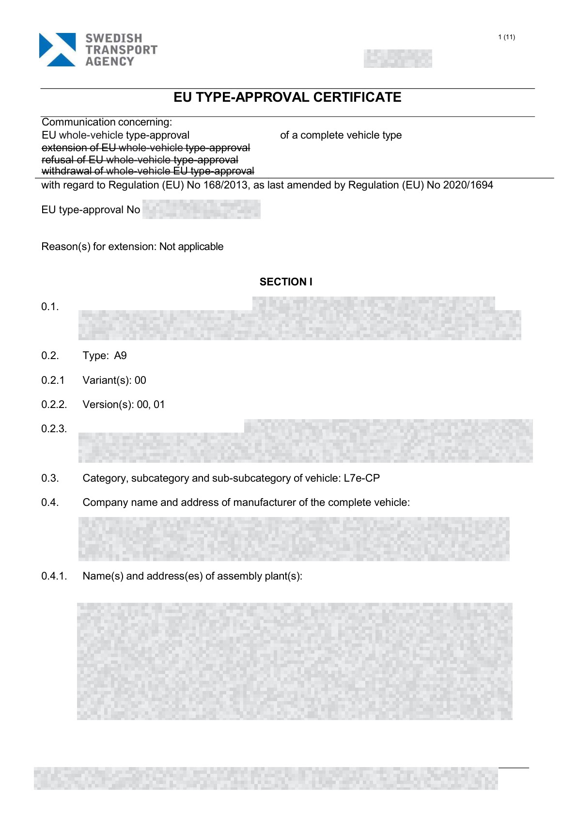 Redacted A9 EU type-approval document, page 1 of 8