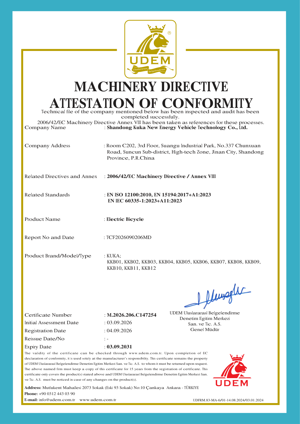 Electric bicycle Machinery attestation, original document page 1 of 1