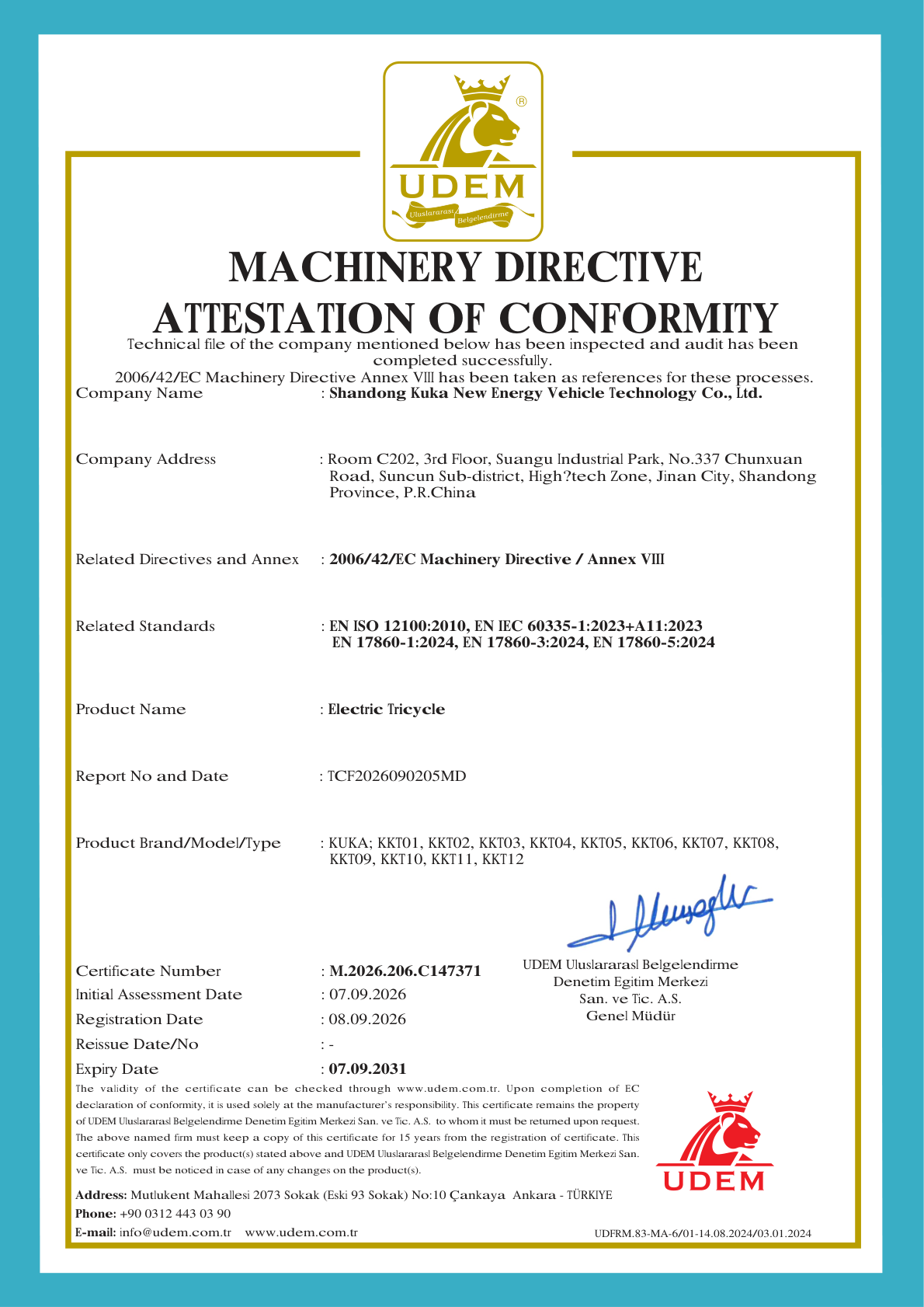 Electric tricycle Machinery attestation, original document page 1 of 1