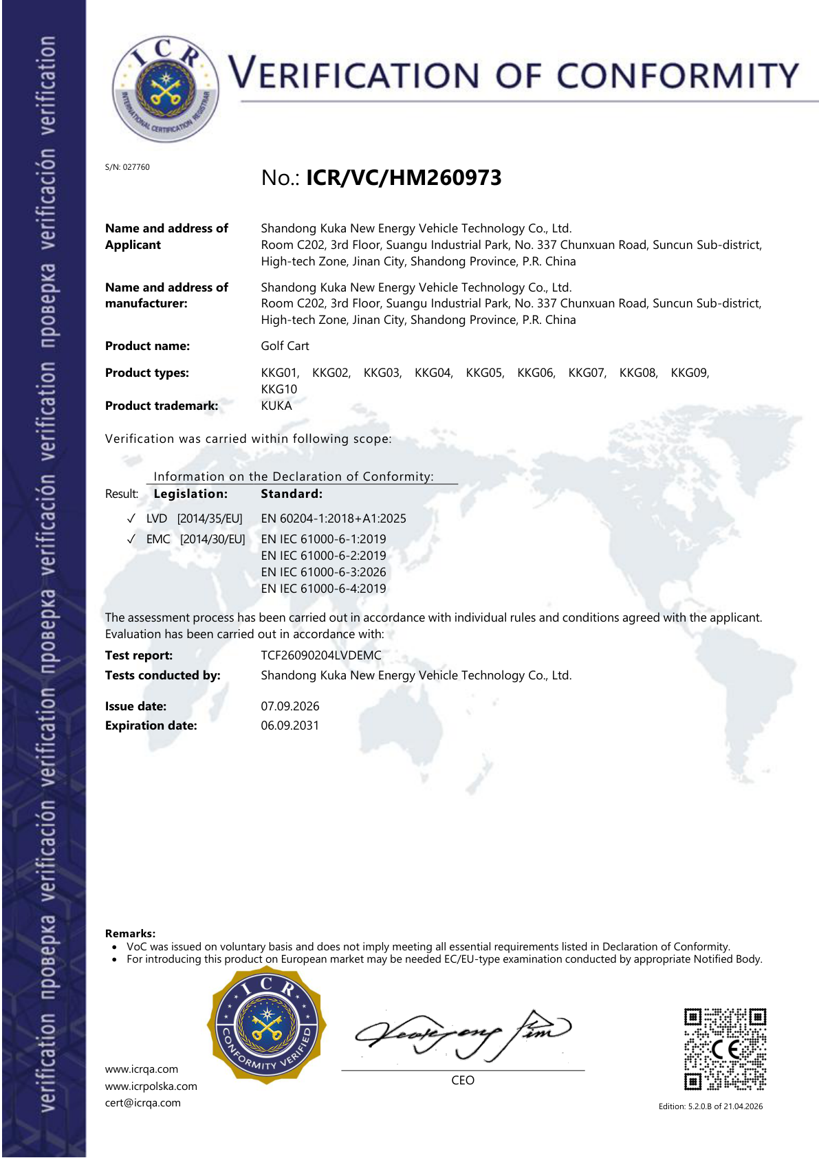 Golf cart Verification of conformity, original document page 1 of 1
