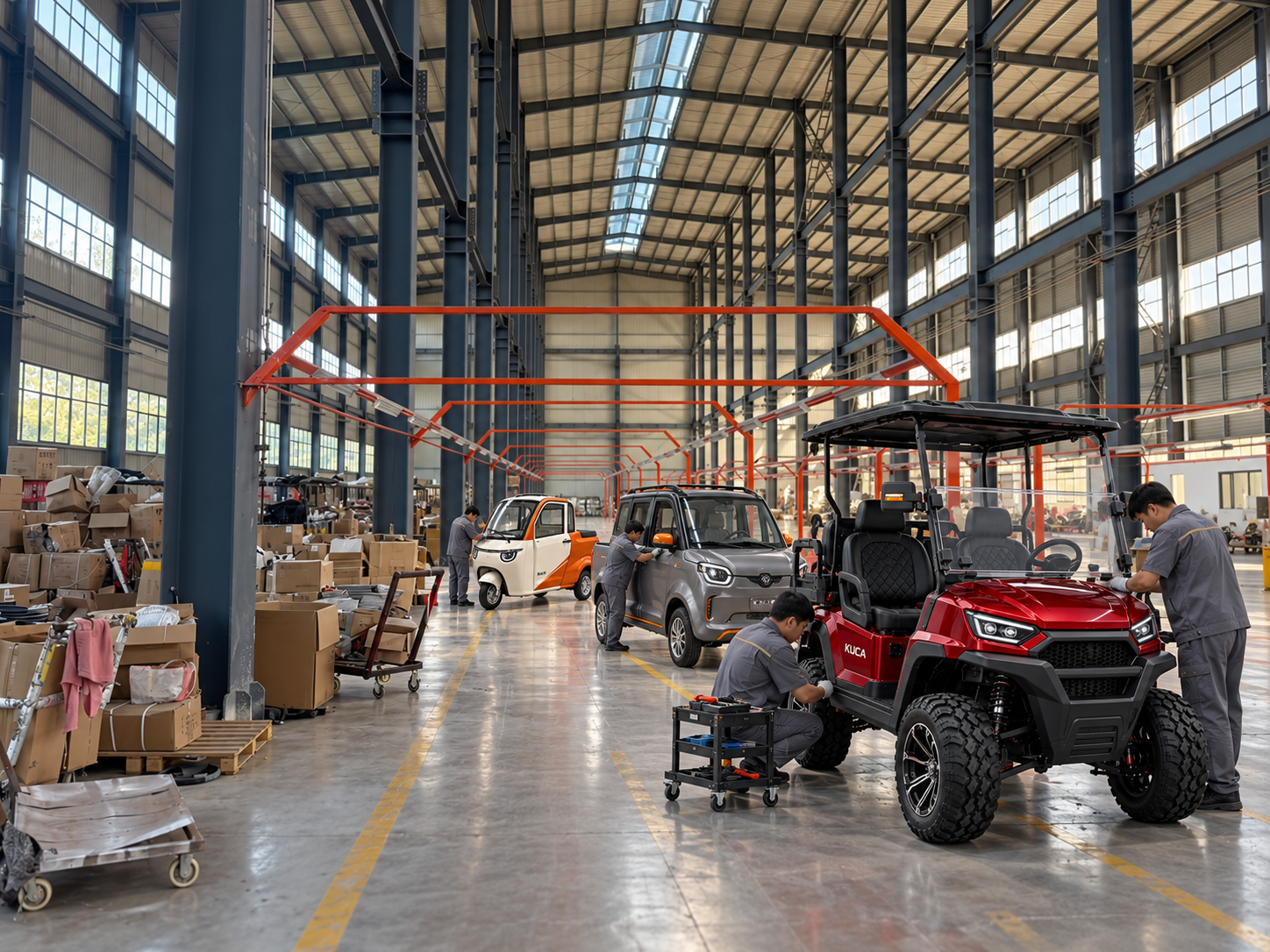 Workers assembling vehicles in a factory workshop, with a red golf cart in the foreground.
