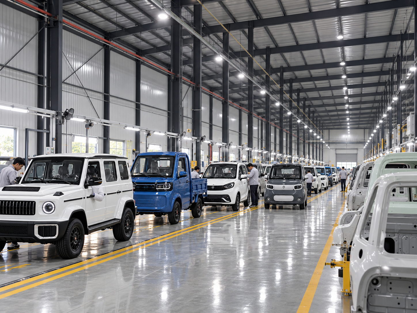 Electric passenger vehicles and a blue cargo vehicle along a factory production line.