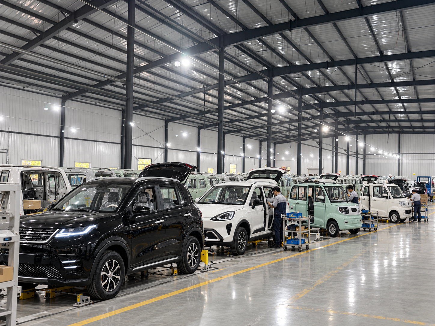Vehicles arranged across a spacious factory workshop with workers attending to their assembly.